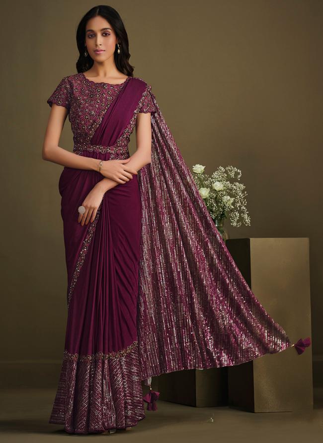 Crystal Silk Maroon Party Wear Sequins Work Ready To Wear Saree